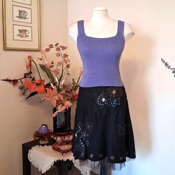 NWT Simon Chang Elegant Black Floral Embroidered Fall Winter Lined Ruffle Skirt - Picture 12 of 13